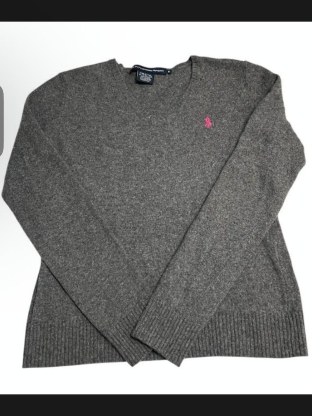 Ralph Lauren Sport Merino Cashmere V-Neck Sweater M Gray Pink Pony Preppy Y2K